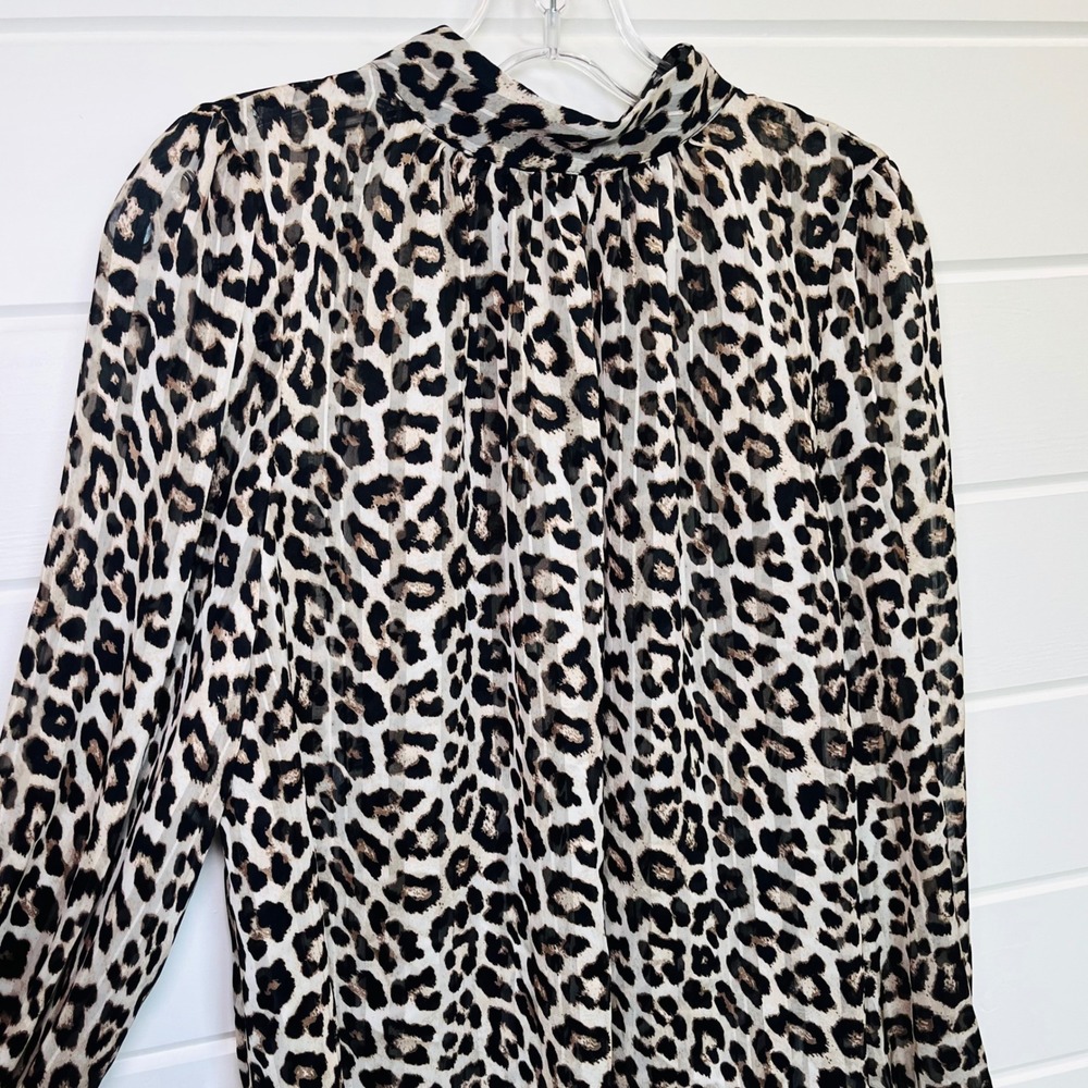 H&M Leopard Print Sheer Blouse Womens‎ L Brown Mock Neck Long Sleeve Chic Office